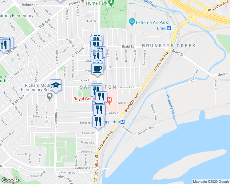 map of restaurants, bars, coffee shops, grocery stores, and more near 260 Sherbrooke Street in New Westminster