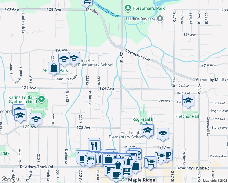 map of restaurants, bars, coffee shops, grocery stores, and more near 22378 124 Avenue in Maple Ridge