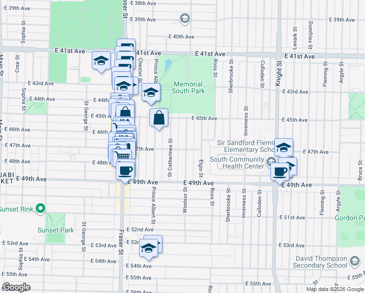 map of restaurants, bars, coffee shops, grocery stores, and more near 995 East 47th Avenue in Vancouver