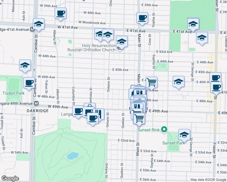 map of restaurants, bars, coffee shops, grocery stores, and more near 26 East 47th Avenue in Vancouver