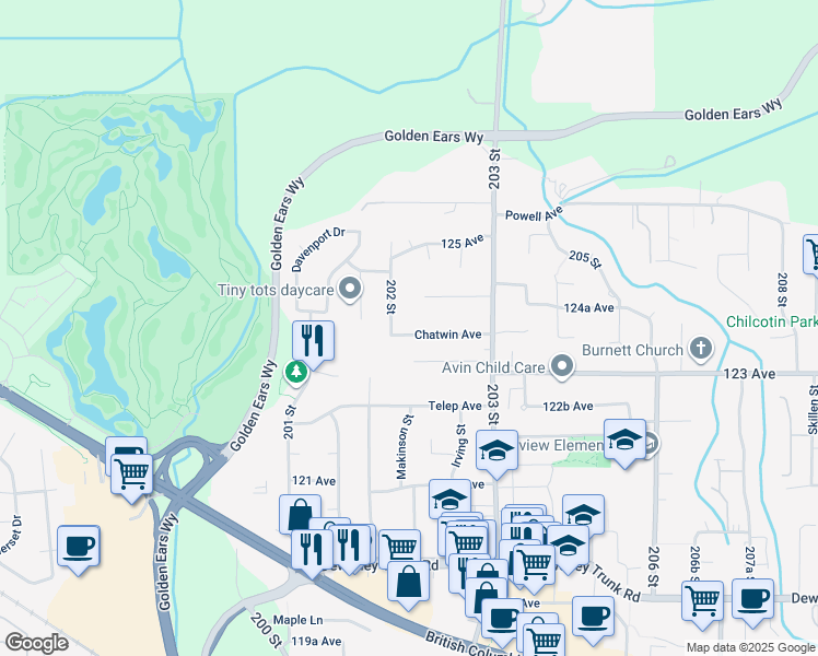 map of restaurants, bars, coffee shops, grocery stores, and more near 20255 Chatwin Avenue in Maple Ridge