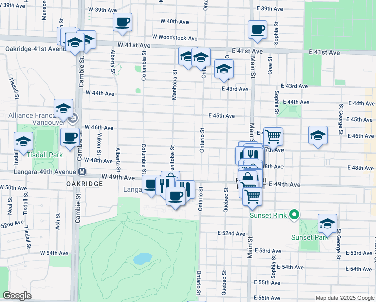 map of restaurants, bars, coffee shops, grocery stores, and more near 34 West 47th Avenue in Vancouver