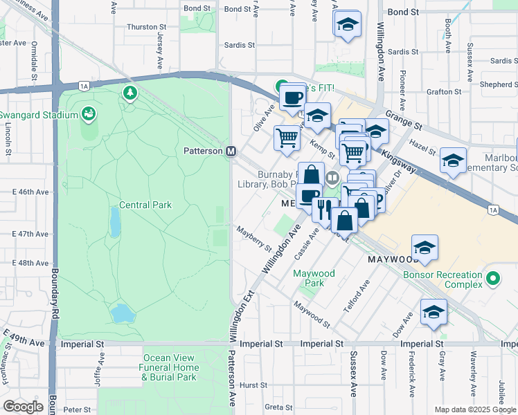 map of restaurants, bars, coffee shops, grocery stores, and more near 6188 Wilson Avenue in Burnaby
