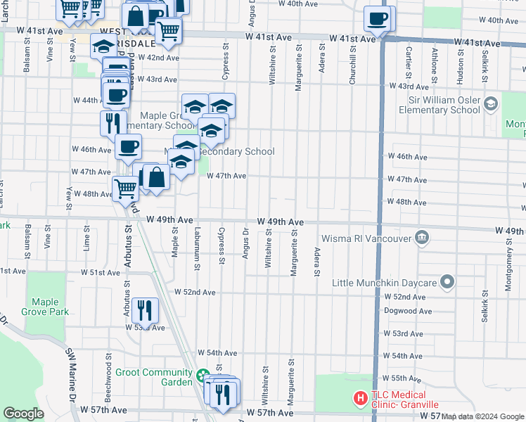 map of restaurants, bars, coffee shops, grocery stores, and more near 6475 Wiltshire Street in Vancouver