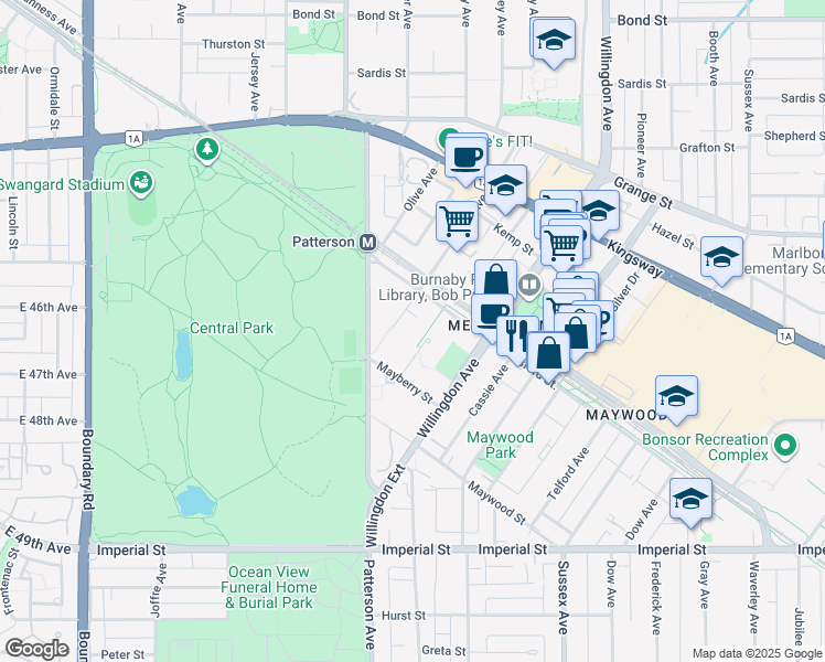 map of restaurants, bars, coffee shops, grocery stores, and more near 6188 Wilson Avenue in Burnaby