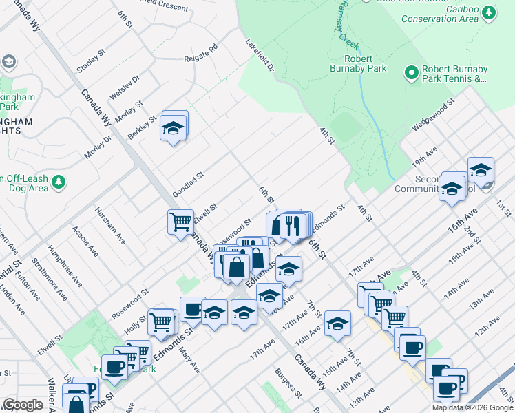 map of restaurants, bars, coffee shops, grocery stores, and more near 7865 Rosewood Street in Burnaby