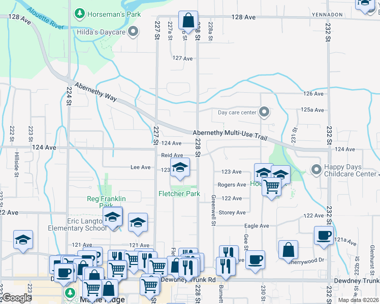 map of restaurants, bars, coffee shops, grocery stores, and more near 22787 Reid Avenue in Maple Ridge