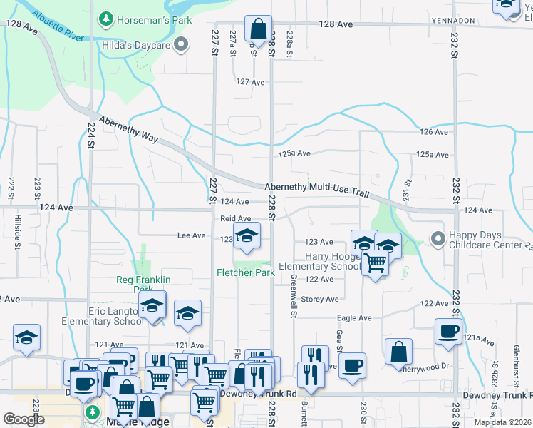map of restaurants, bars, coffee shops, grocery stores, and more near 12355 228 Street in Maple Ridge