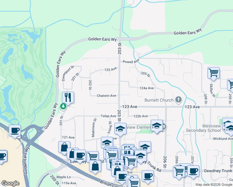 map of restaurants, bars, coffee shops, grocery stores, and more near 12373 203 Street in Maple Ridge