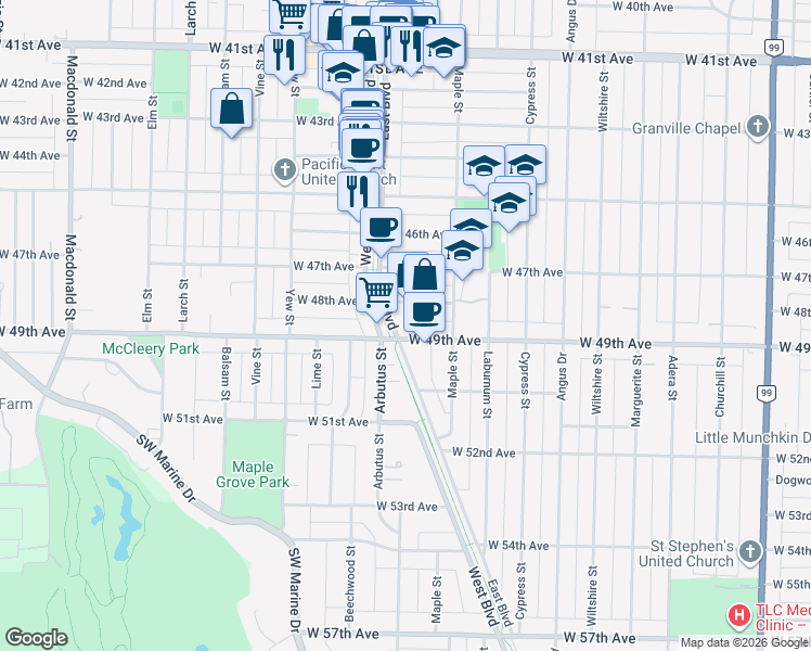 map of restaurants, bars, coffee shops, grocery stores, and more near in Vancouver
