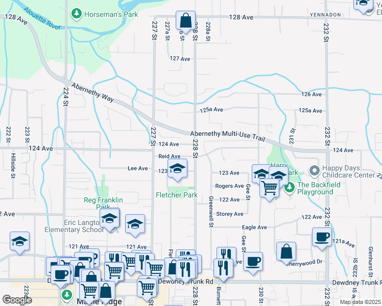 map of restaurants, bars, coffee shops, grocery stores, and more near 22793 Reid Avenue in Maple Ridge