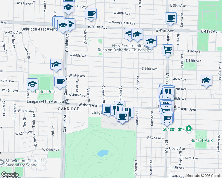 map of restaurants, bars, coffee shops, grocery stores, and more near in Vancouver