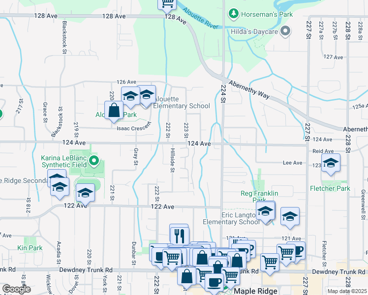 map of restaurants, bars, coffee shops, grocery stores, and more near 22280 124 Avenue in Maple Ridge