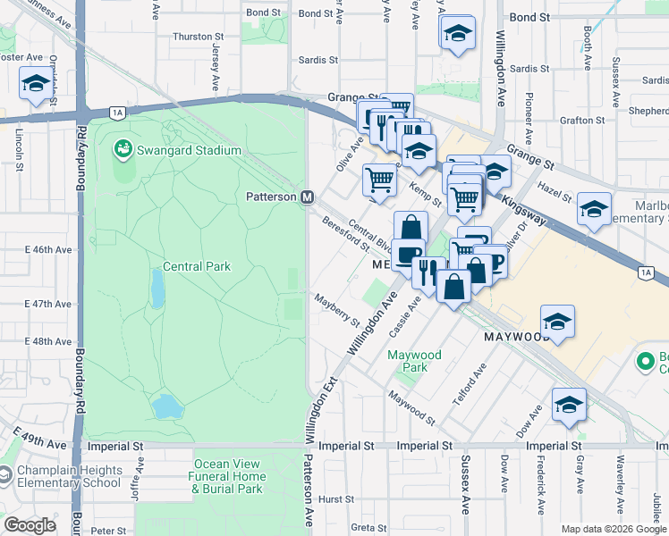 map of restaurants, bars, coffee shops, grocery stores, and more near 6198 Wilson Avenue in Burnaby