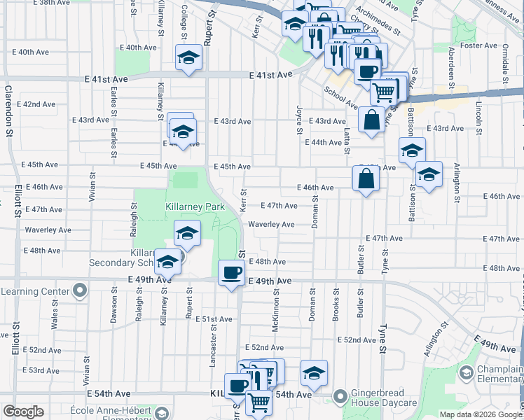 map of restaurants, bars, coffee shops, grocery stores, and more near 3136 East 47th Avenue in Vancouver