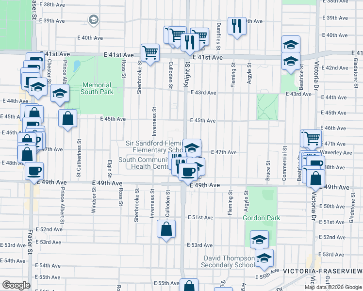 map of restaurants, bars, coffee shops, grocery stores, and more near 1398 East 47th Avenue in Vancouver