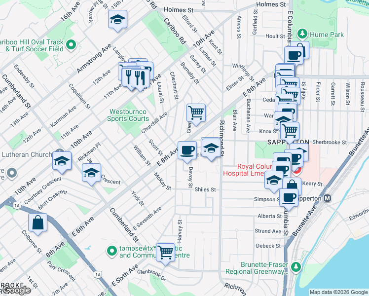 map of restaurants, bars, coffee shops, grocery stores, and more near 310 East 8th Avenue in New Westminster