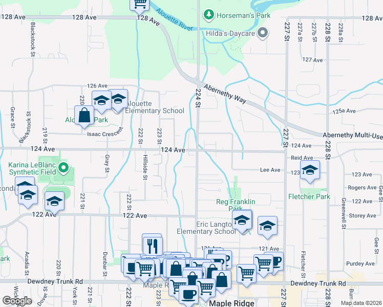 map of restaurants, bars, coffee shops, grocery stores, and more near 22388 124 Avenue in Maple Ridge