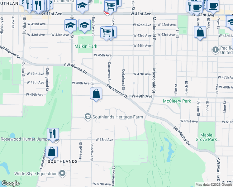 map of restaurants, bars, coffee shops, grocery stores, and more near 3008 Southwest Marine Drive in Vancouver