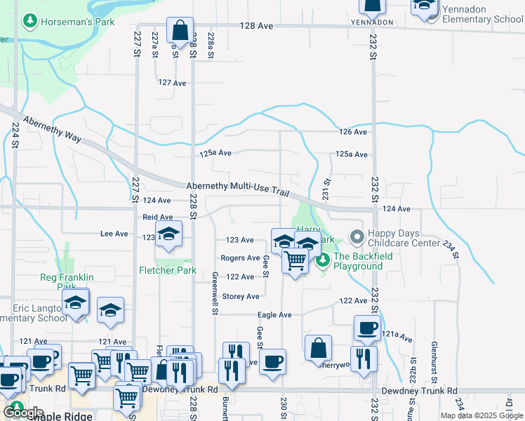 map of restaurants, bars, coffee shops, grocery stores, and more near 22964 Reid Avenue in Maple Ridge