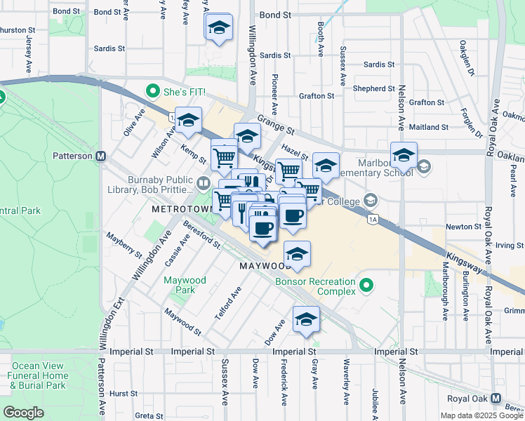 map of restaurants, bars, coffee shops, grocery stores, and more near 6098 Station Street in Burnaby