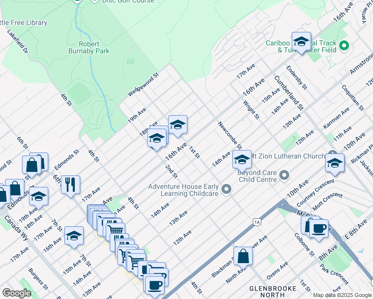 map of restaurants, bars, coffee shops, grocery stores, and more near 7563 1st Street in Burnaby
