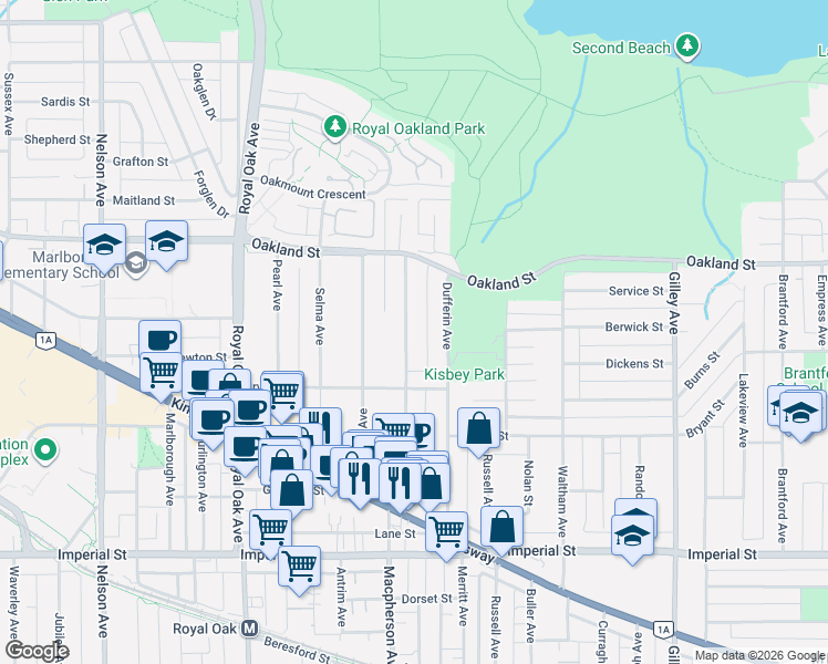 map of restaurants, bars, coffee shops, grocery stores, and more near 6230 Elgin Avenue in Burnaby