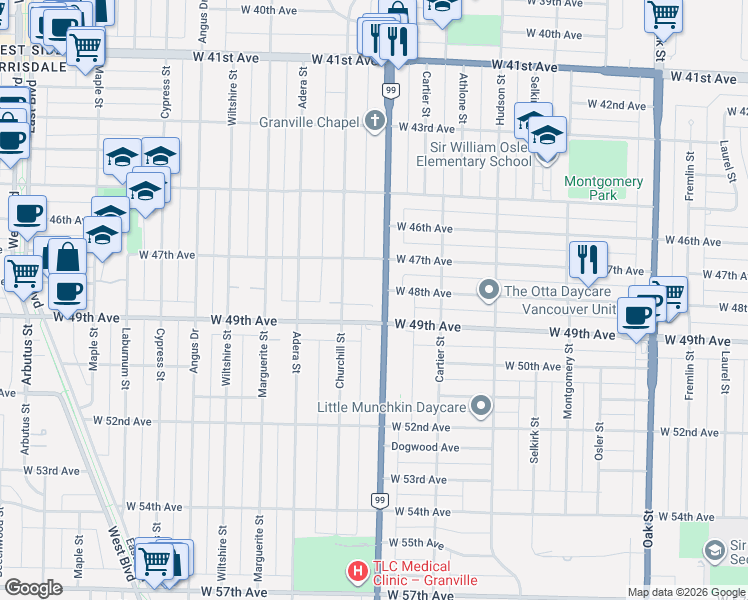 map of restaurants, bars, coffee shops, grocery stores, and more near 6439 Granville Street in Vancouver