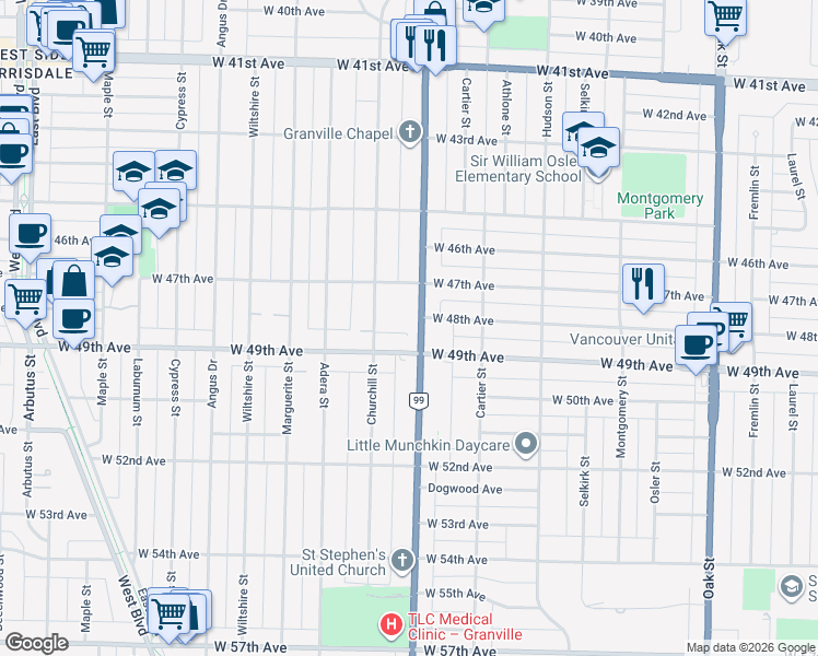 map of restaurants, bars, coffee shops, grocery stores, and more near 6439 Granville Street in Vancouver
