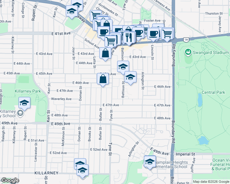 map of restaurants, bars, coffee shops, grocery stores, and more near in Vancouver
