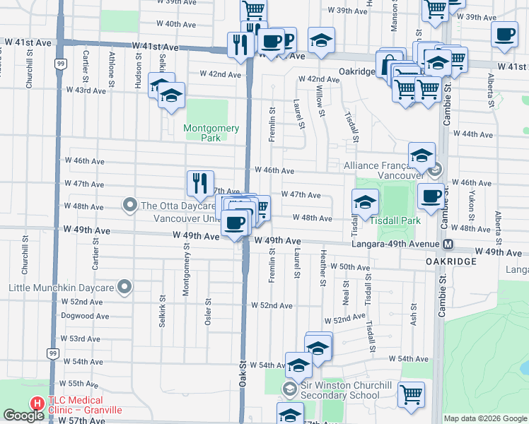 map of restaurants, bars, coffee shops, grocery stores, and more near in Vancouver