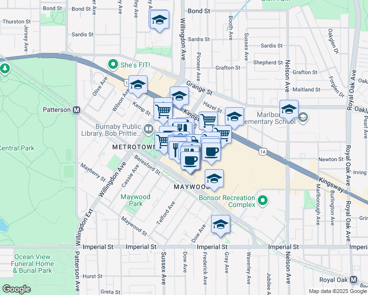map of restaurants, bars, coffee shops, grocery stores, and more near 6398 Silver Drive in Burnaby