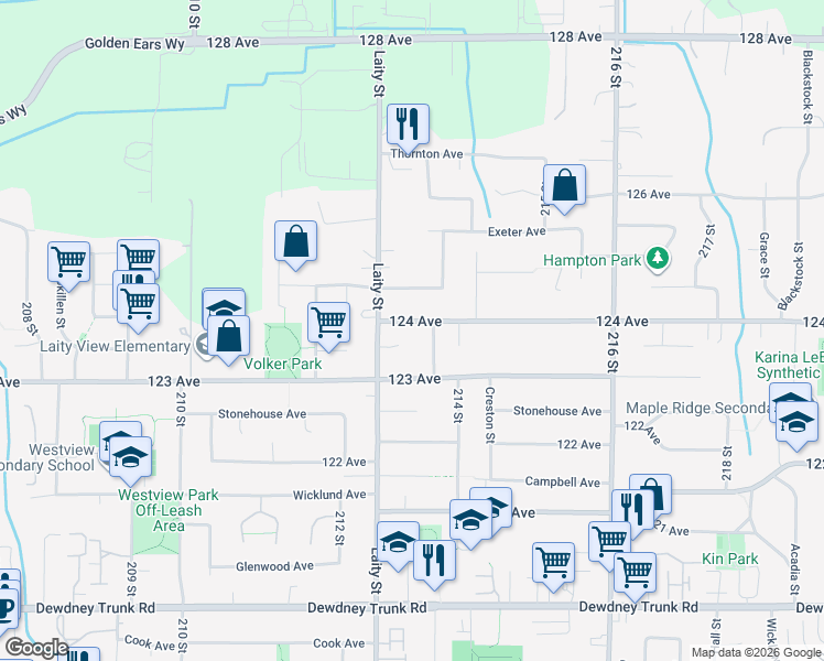 map of restaurants, bars, coffee shops, grocery stores, and more near 12350 Laity Street in Maple Ridge