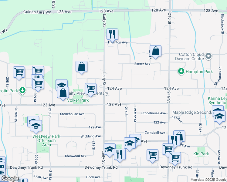 map of restaurants, bars, coffee shops, grocery stores, and more near 21310 124 Avenue in Maple Ridge
