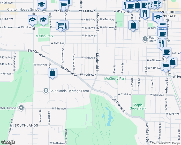 map of restaurants, bars, coffee shops, grocery stores, and more near 2843 West 49th Avenue in Vancouver