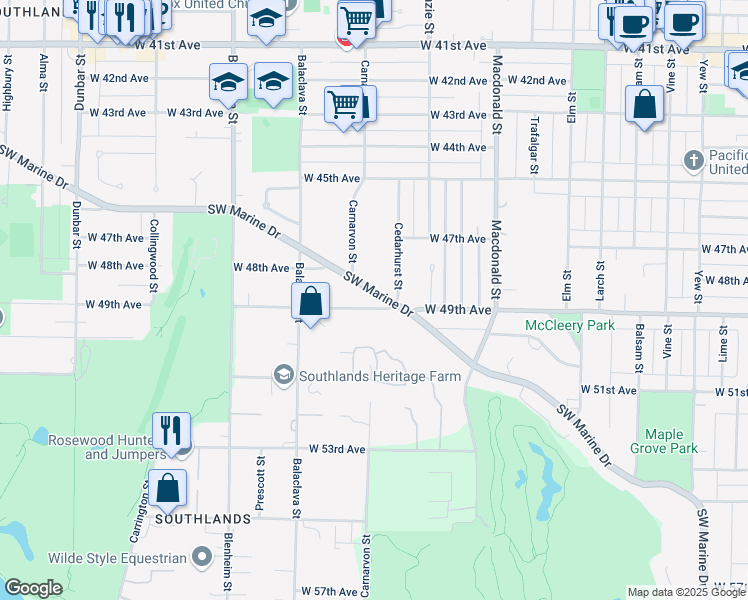 map of restaurants, bars, coffee shops, grocery stores, and more near 3008 Southwest Marine Drive in Vancouver