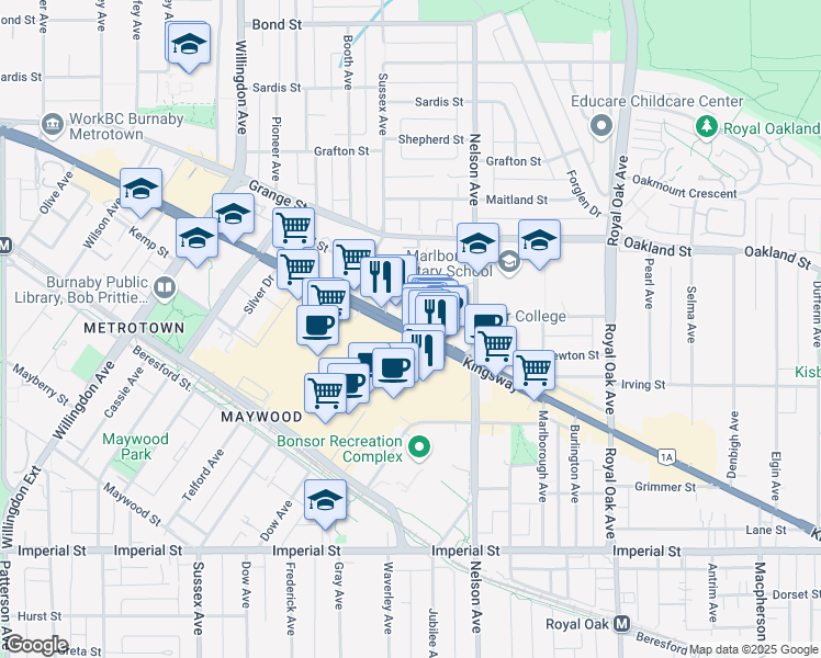 map of restaurants, bars, coffee shops, grocery stores, and more near British Columbia 99 Alternate in Burnaby