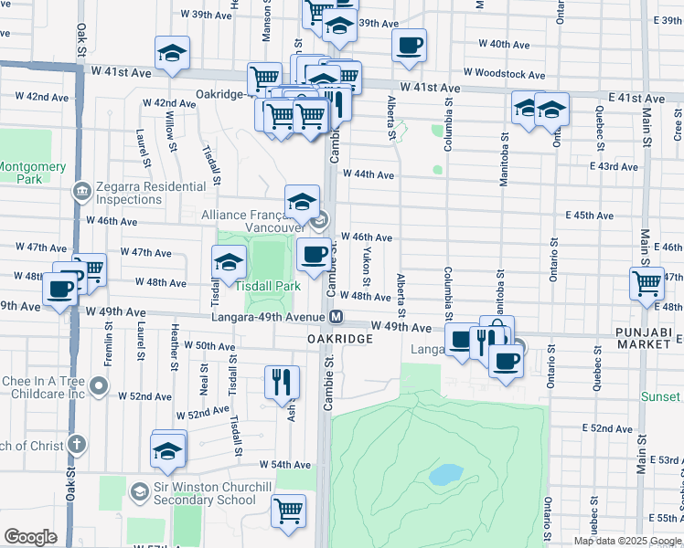map of restaurants, bars, coffee shops, grocery stores, and more near 6308 Cambie Street in Vancouver