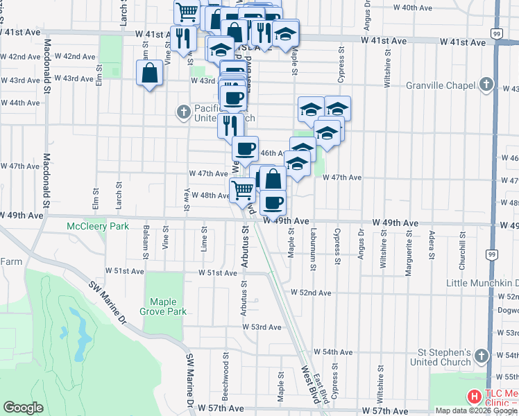 map of restaurants, bars, coffee shops, grocery stores, and more near 6450 East Boulevard in Vancouver