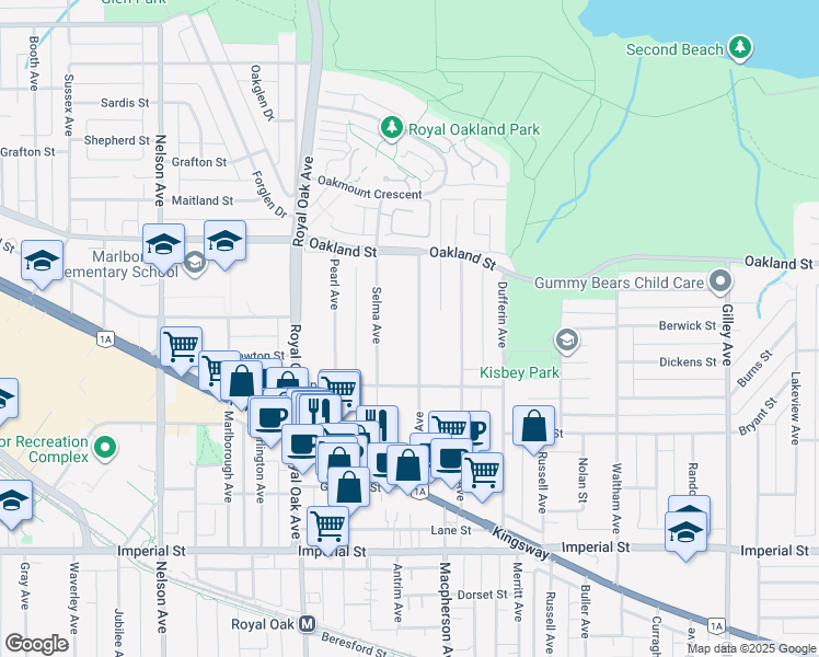 map of restaurants, bars, coffee shops, grocery stores, and more near 6229 Denbigh Avenue in Burnaby