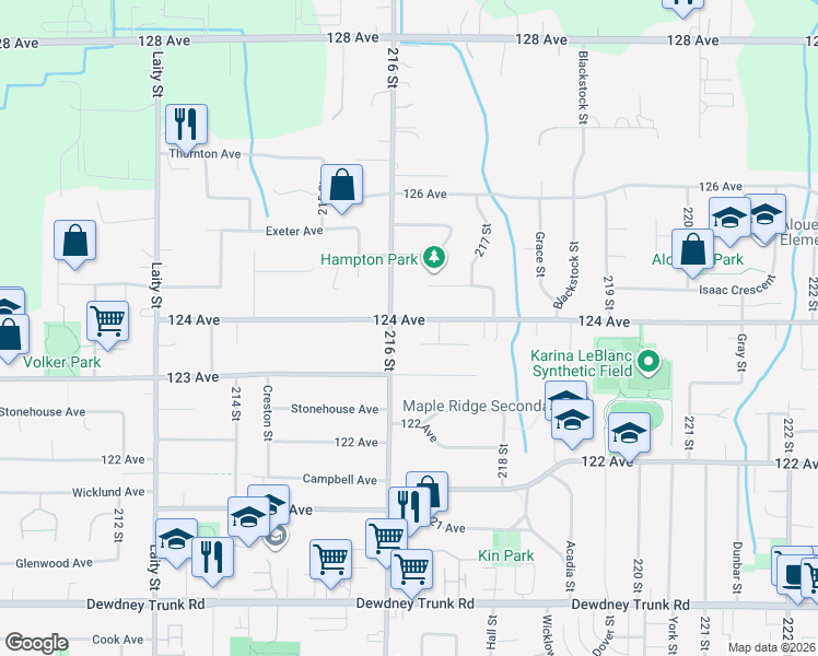 map of restaurants, bars, coffee shops, grocery stores, and more near 21606 124 Avenue in Maple Ridge