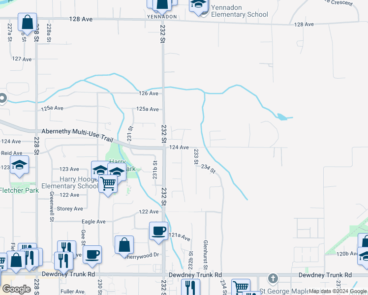 map of restaurants, bars, coffee shops, grocery stores, and more near 23269 124 Avenue in Maple Ridge