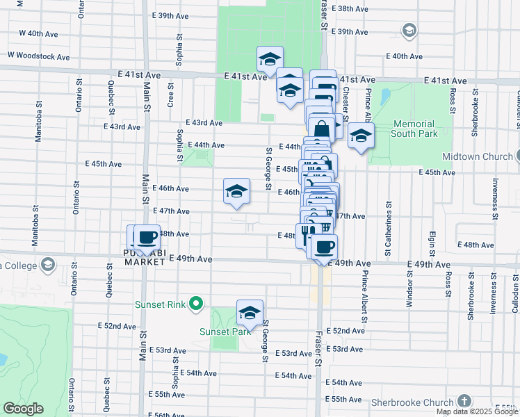 map of restaurants, bars, coffee shops, grocery stores, and more near 483 East 47th Avenue in Vancouver
