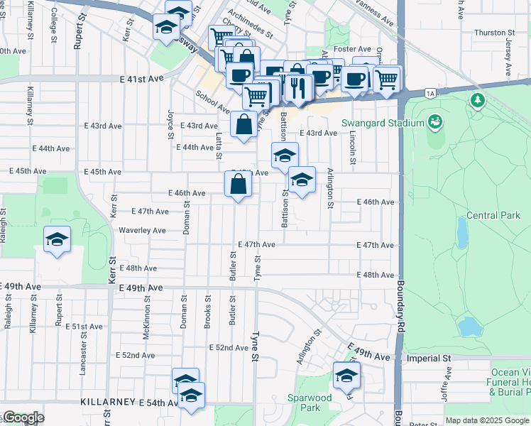 map of restaurants, bars, coffee shops, grocery stores, and more near 6174 Tyne Street in Vancouver
