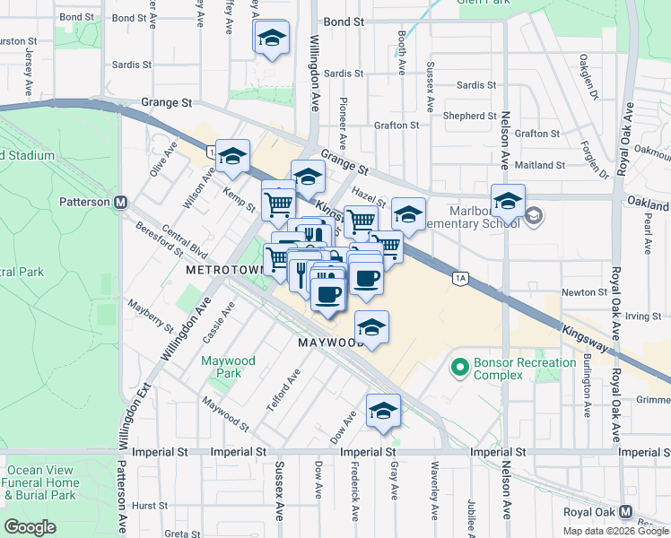 map of restaurants, bars, coffee shops, grocery stores, and more near 4455 Central Boulevard in Burnaby