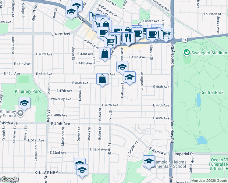 map of restaurants, bars, coffee shops, grocery stores, and more near 6174 Tyne Street in Vancouver