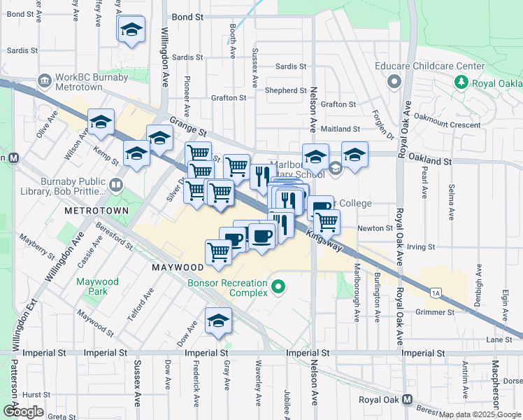 map of restaurants, bars, coffee shops, grocery stores, and more near British Columbia 99 Alternate in Burnaby