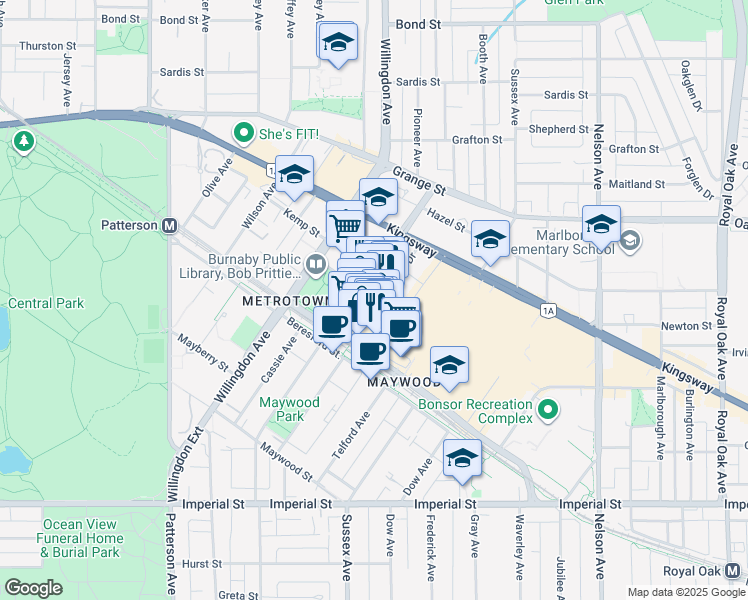 map of restaurants, bars, coffee shops, grocery stores, and more near 6098 Kingsborough Street in Burnaby