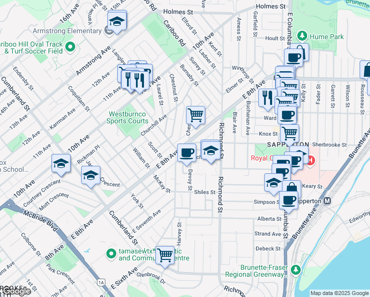 map of restaurants, bars, coffee shops, grocery stores, and more near 312 East 8th Avenue in New Westminster