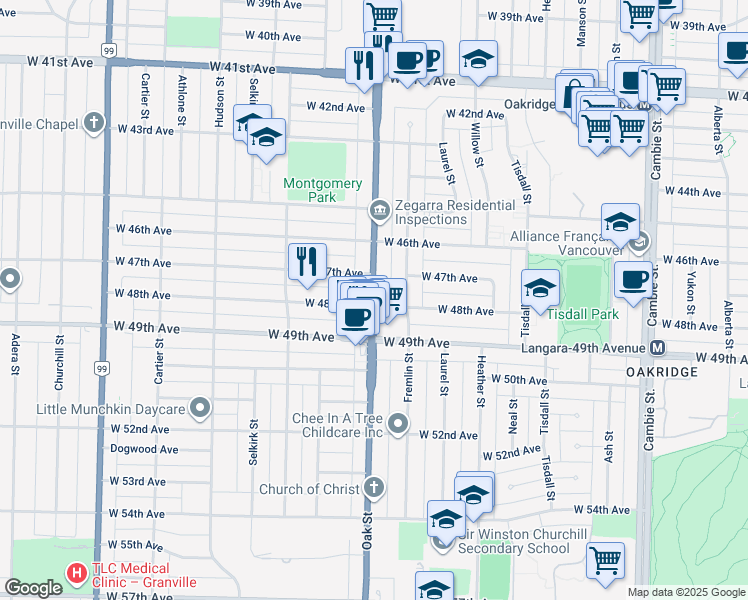 map of restaurants, bars, coffee shops, grocery stores, and more near Oak Street in Metro Vancouver